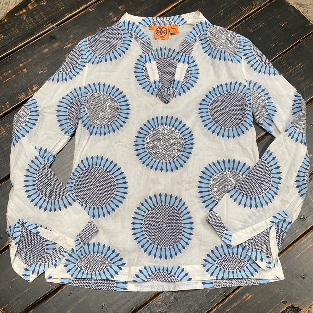 Tory Burch Sheer Cotton Top with Sequin Detail